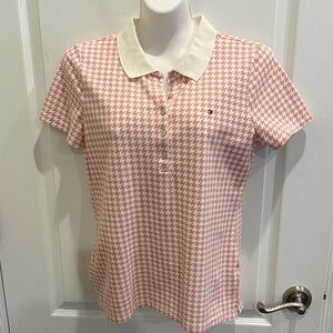 Tommy Hilfiger Pink & Cream Houndstooth Print Collared Top Size M